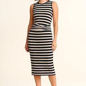 Rachel Roy Dress Cotton Midi Striped Stretchy Sleeveless Fitted Cream Black S